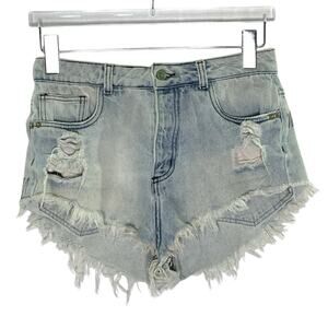 Farm Rio S Denim Micro Shorts Distressed Frayed Light Wash Travel Festival